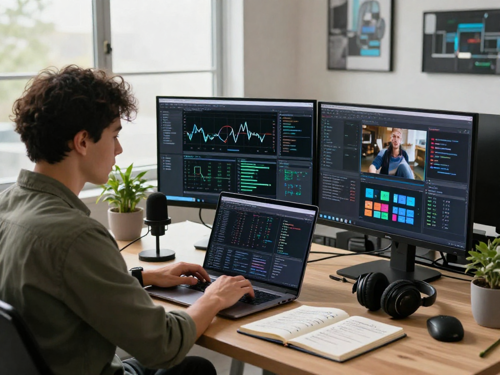 Advanced AI image detector workplace with data scientist at dual monitor setup analyzing content moderation statistics.