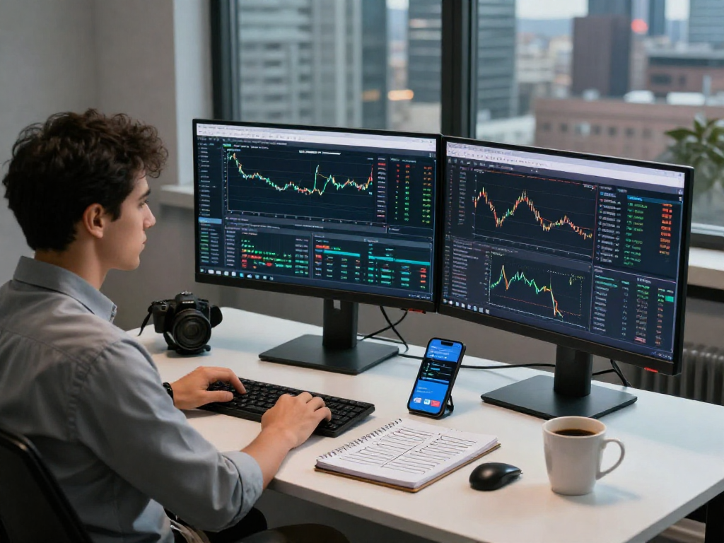 使用MetaTrader 5进行外汇和资产交易的专业交易员工作环境，显示实时图表和分析工具。