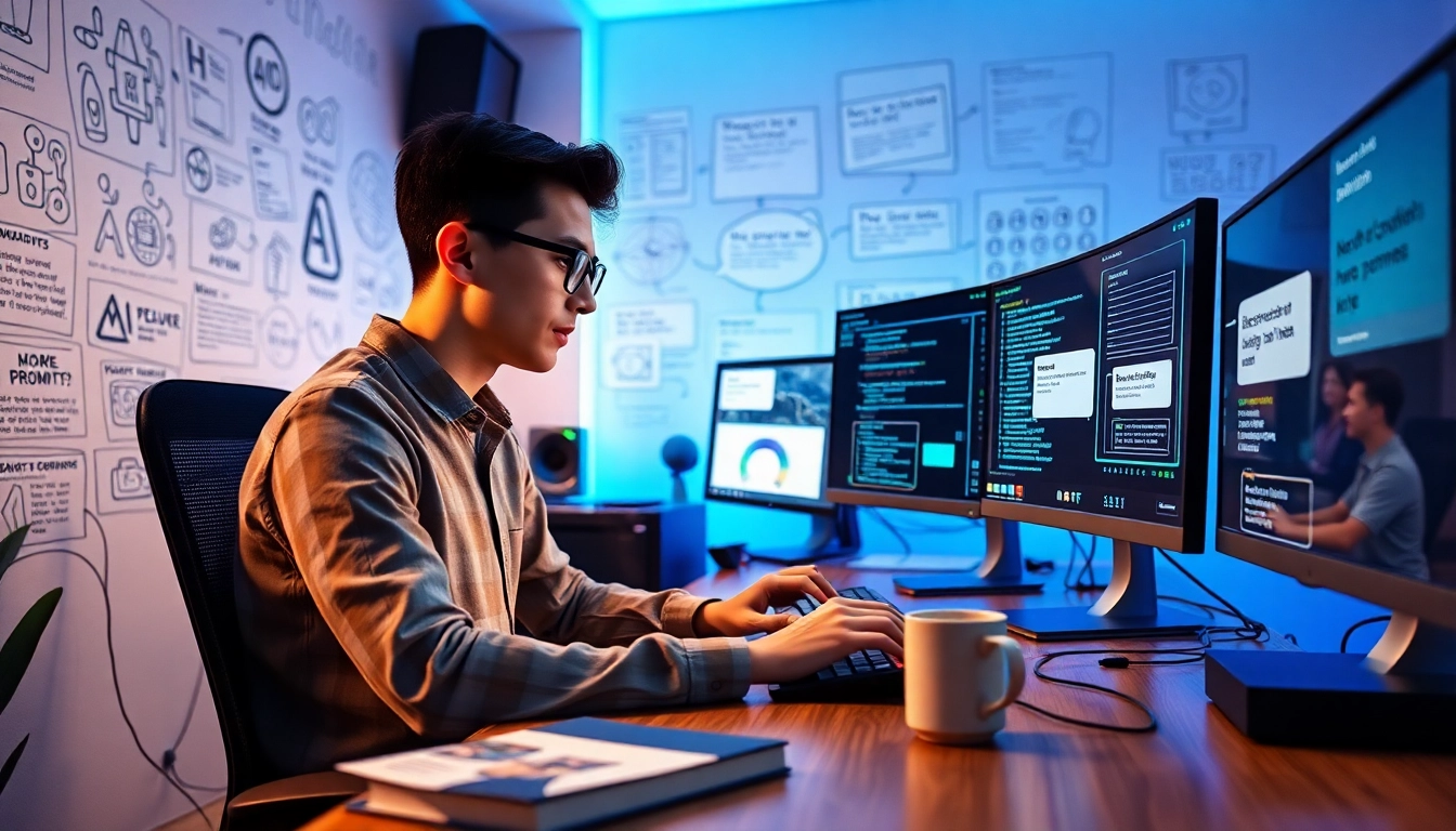 Image to prompt generation scene with an AI developer at a modern workstation