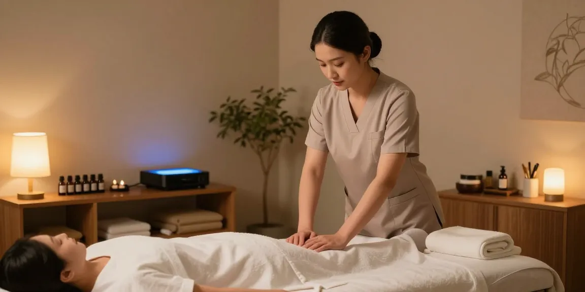 역삼동마사지 전문가가 아로마 오일과 마사지 테이블을 준비하는 모습, 편안한 마사지 환경을 강조
