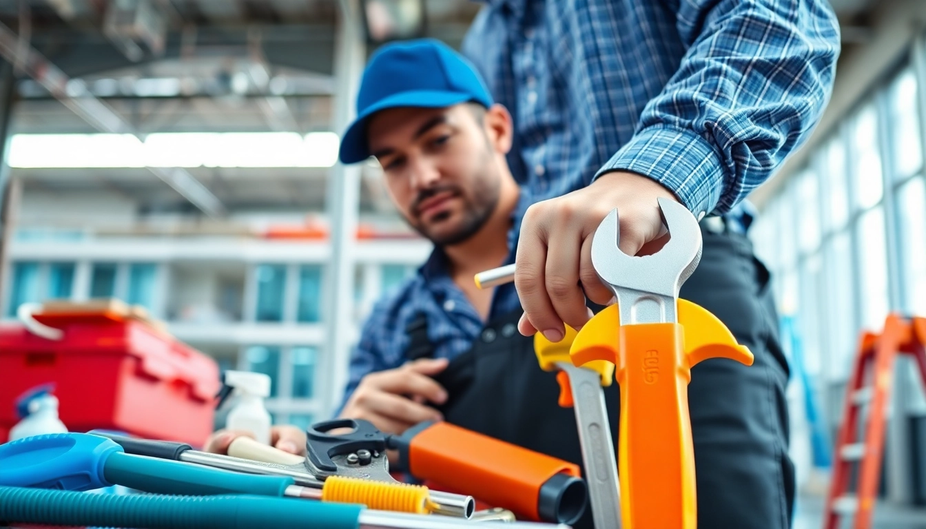 Engaging image of a technician executing general building maintenance tasks with tools in a commercial environment.