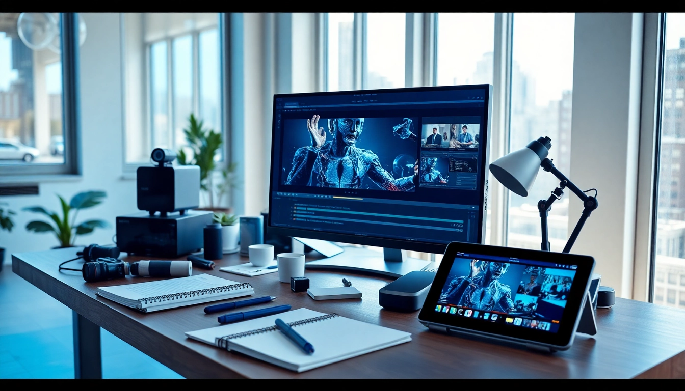 Video to prompt technology shown in a modern workspace with video analysis tools, symbolizing innovation.