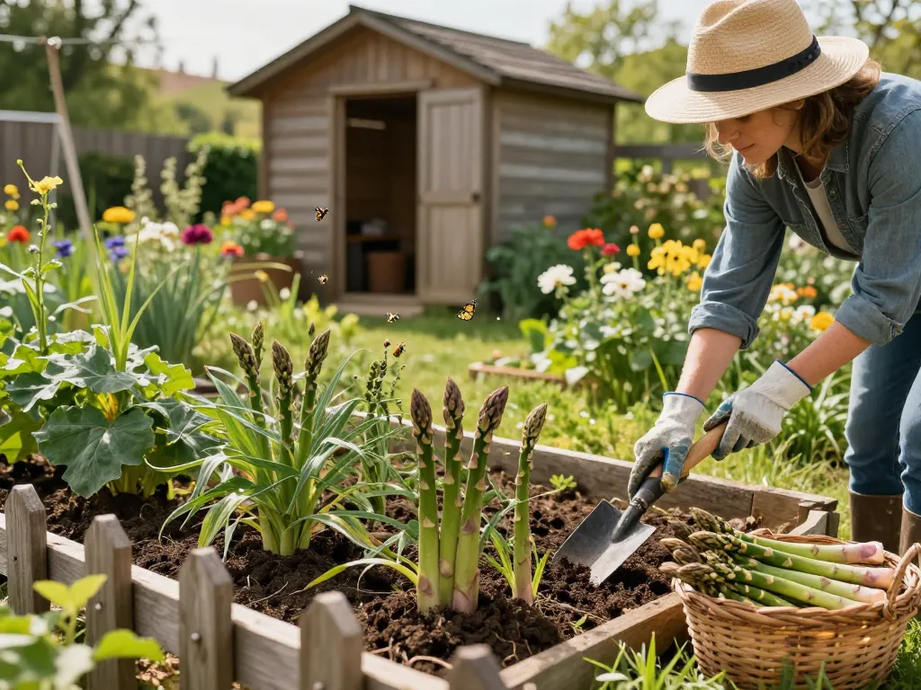 Asperges moestuin scene with gardener tending to asparagus plants in a sunny garden.