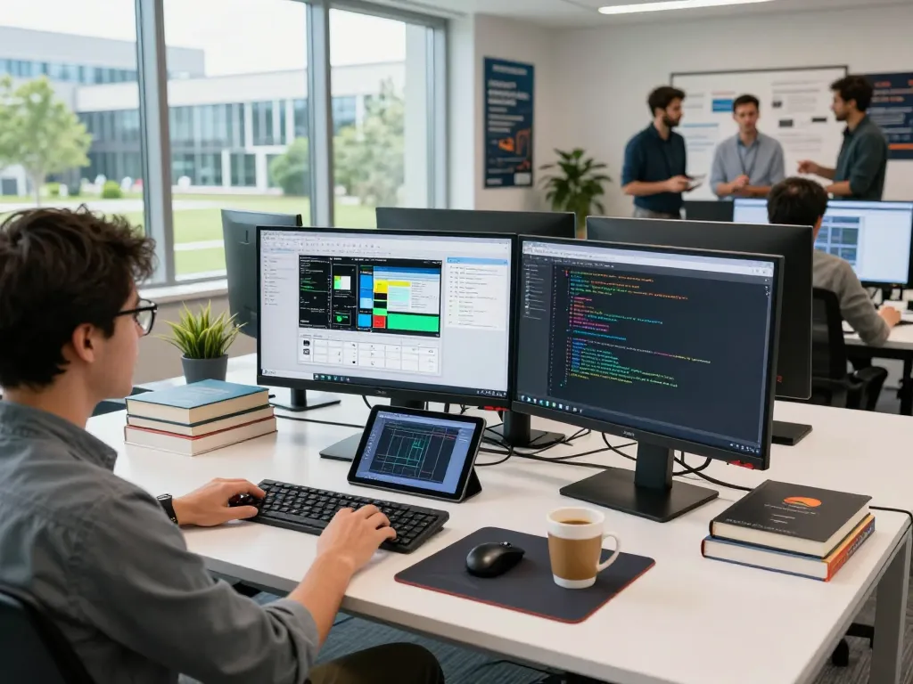 Innovative Siemens software development workspace showcasing engineers collaborating with technology.