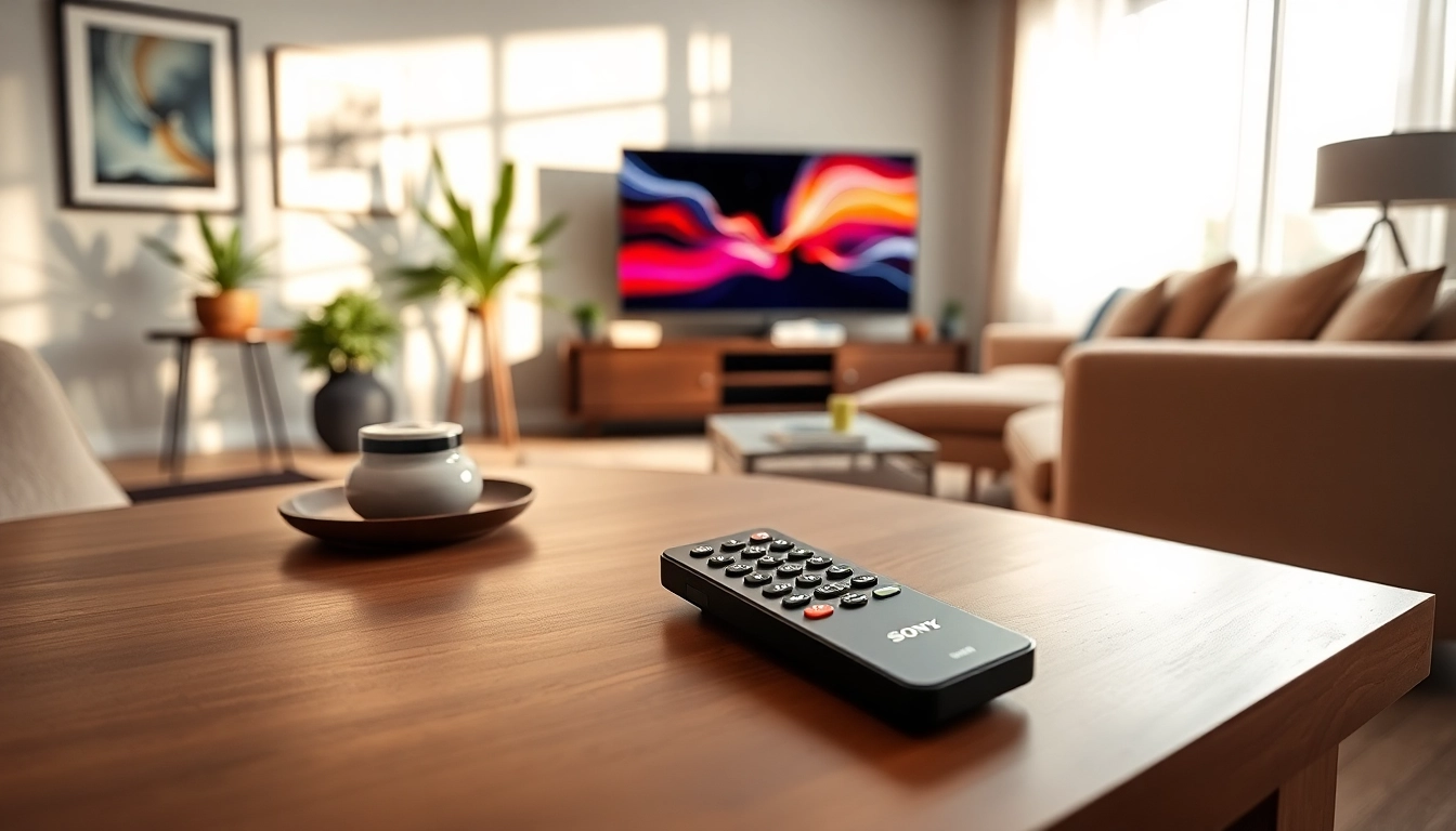 Sony RMT-TX100D auf einem eleganten Tisch in einem modernen Wohnzimmer arrangiert.
