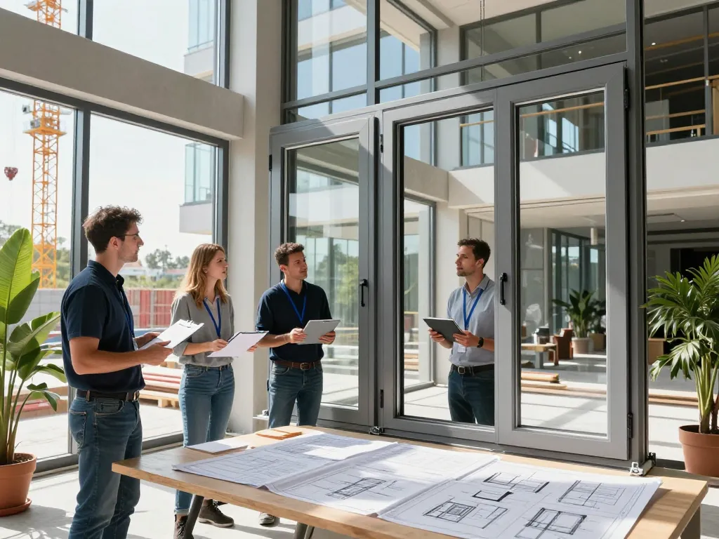 Präsentation von fenster schüco Aluminiumfenstern mit Fachleuten, die Designs auf einer modernen Baustelle inspizieren.