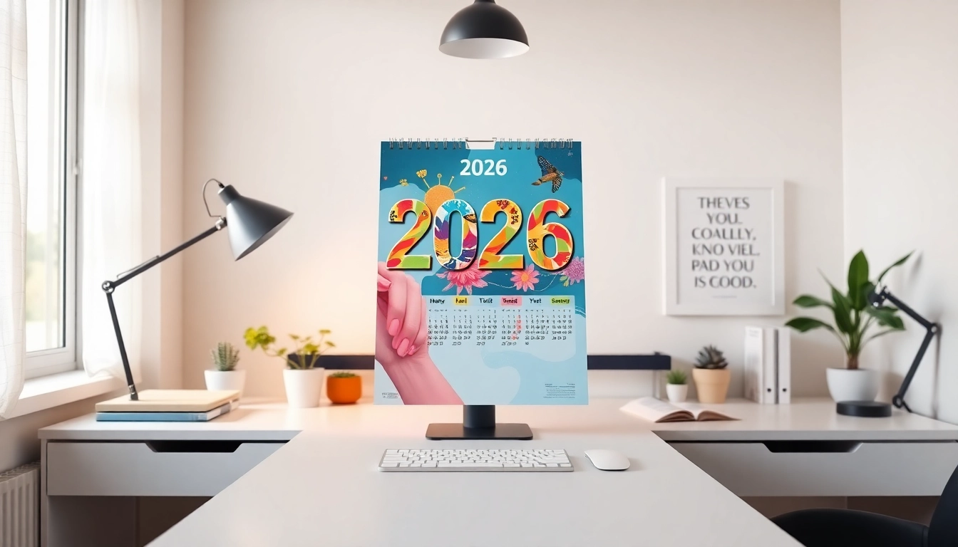 Discover a stylish free calendar 2026 design in an inviting workspace setting.