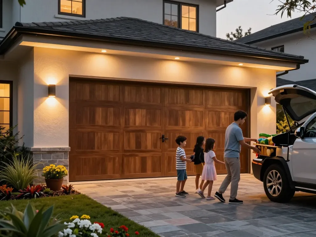 Outdoor garage lights creating a warm ambiance as a family unloads groceries in an inviting setting.