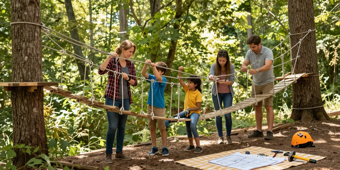 Rope Bridge design activity with family building a bridge in a sunny forest.