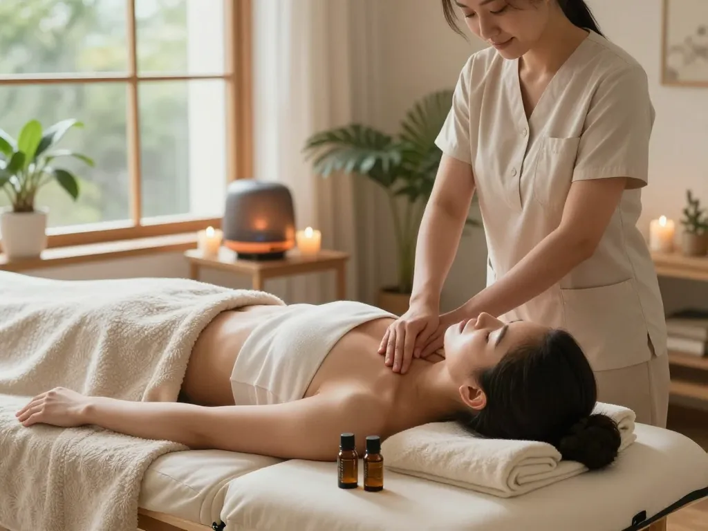 Relaxing aromatherapy session at https://www.maxim-anma.net featuring professional massage therapy in a serene home environment.