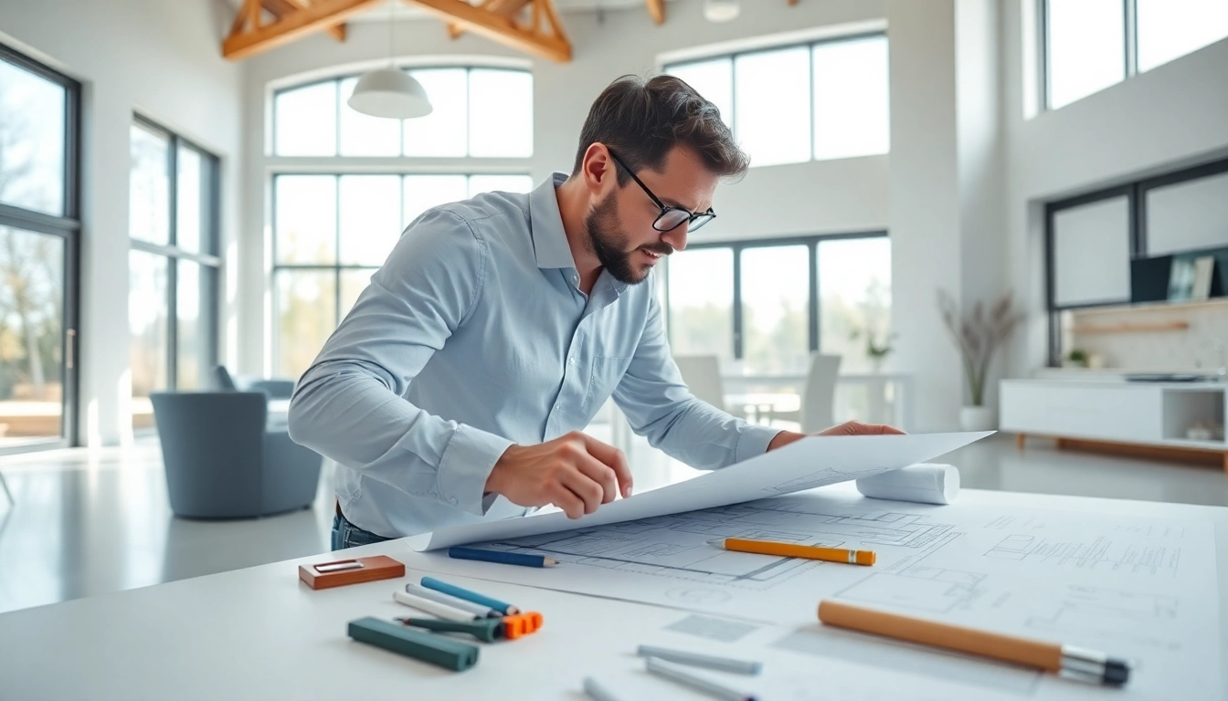Residential architect designing home blueprints in a bright studio environment.