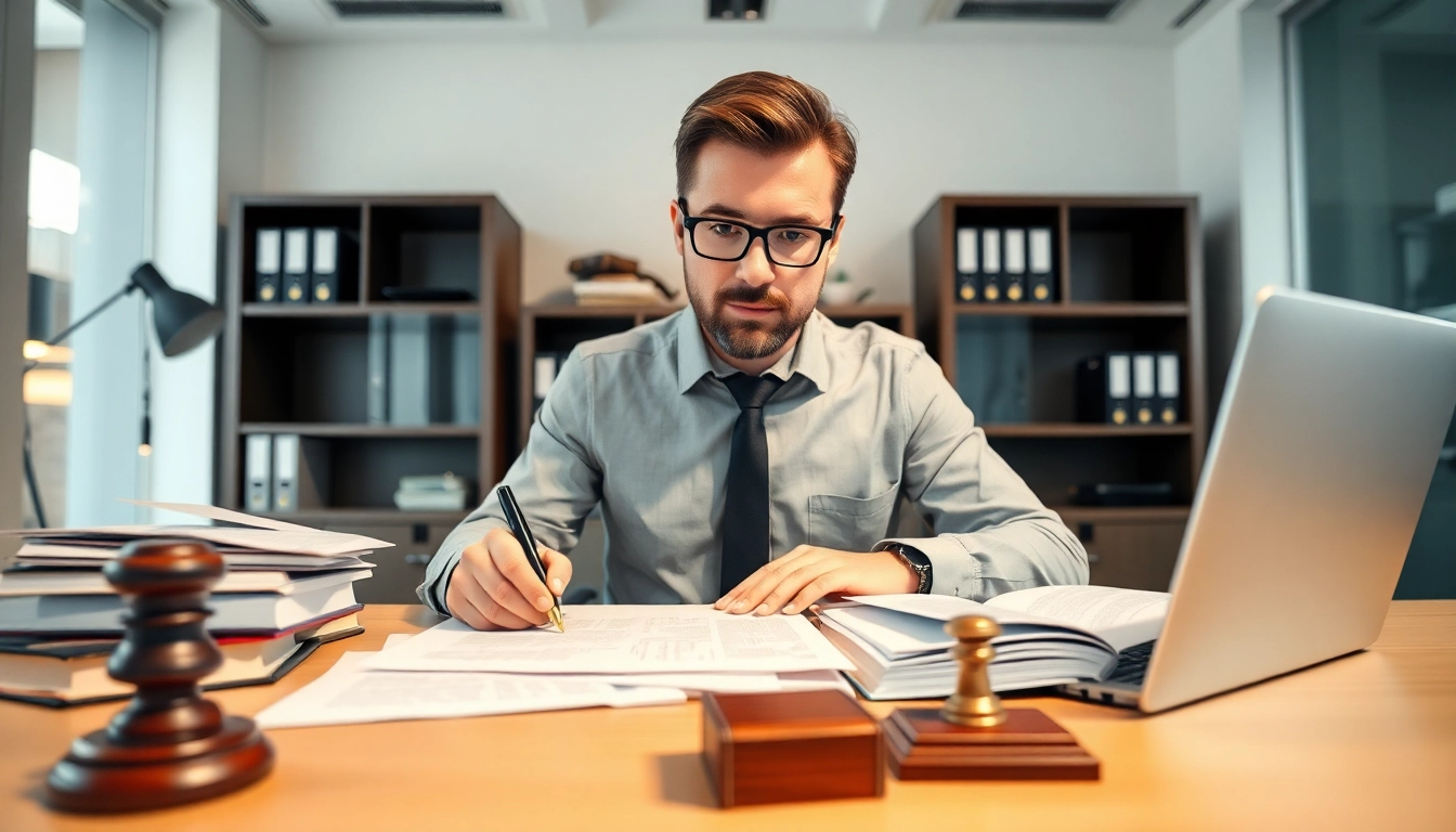 Tłumaczenie przysięgłe: Professional translator focused on legal document translation at a modern office.