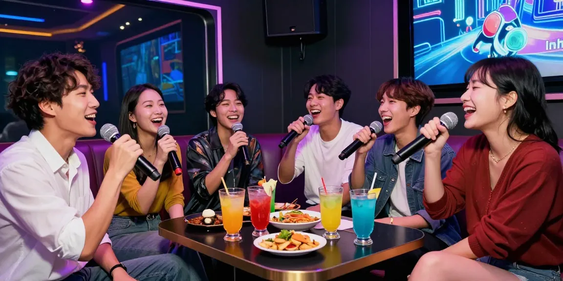 인천쓰리노의 활기찬 노래방에서 친구들과 노래를 부르고 있는 모습