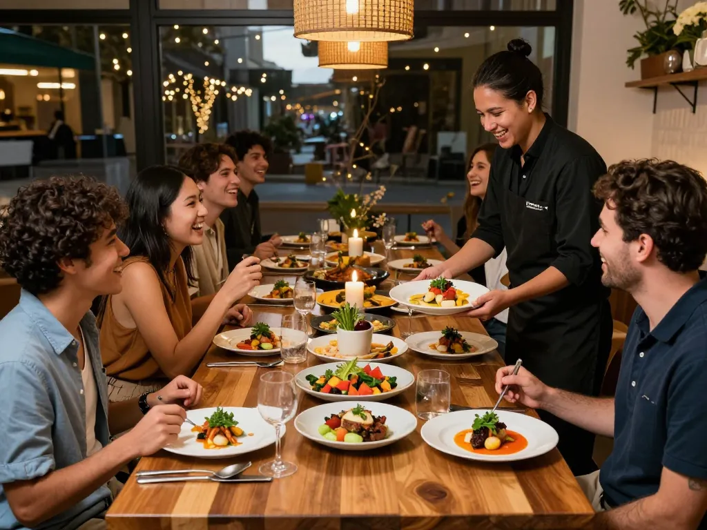 Exciting dining experience at POKERSERI restaurant with friends enjoying flavorful dishes.