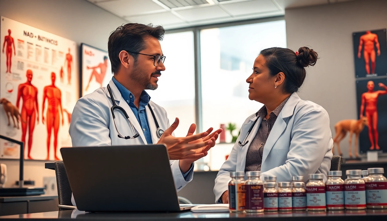 NAD+ expert engaging with a patient in a clinic setting, showcasing benefits and trust in health.