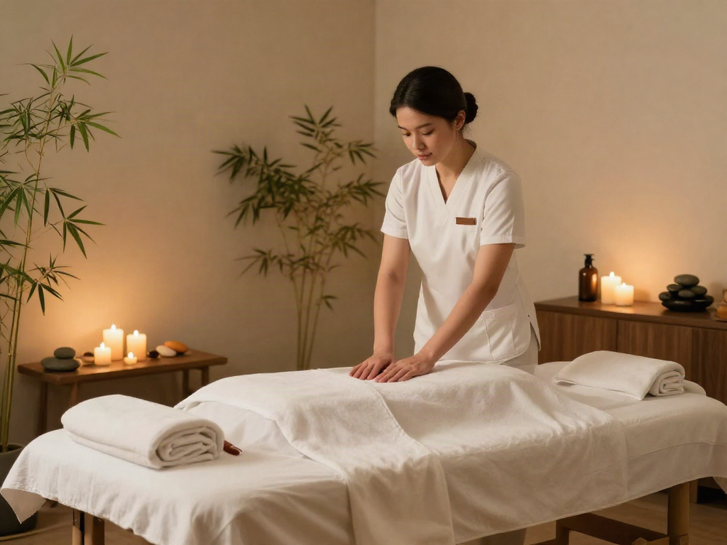 Relaxing 의정부출장마사지 spa room with professional therapist preparing massage table.