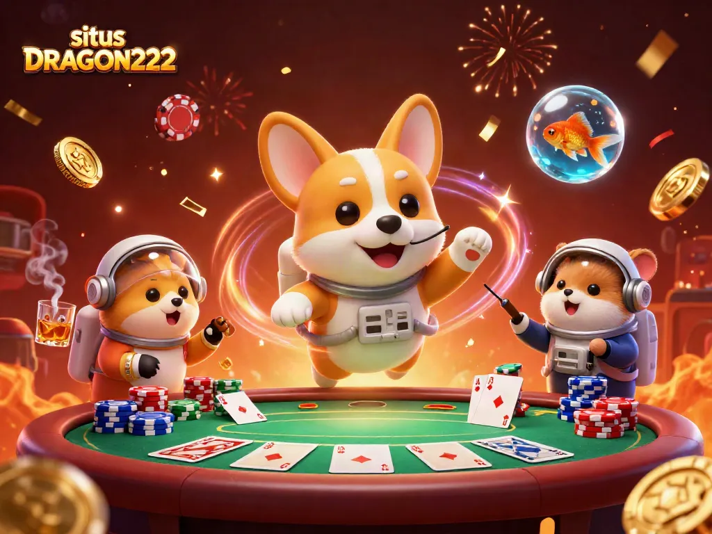 Experience thrilling action on situs DRAGON222 with our cartoon astronaut corgi amidst coins and poker chips.