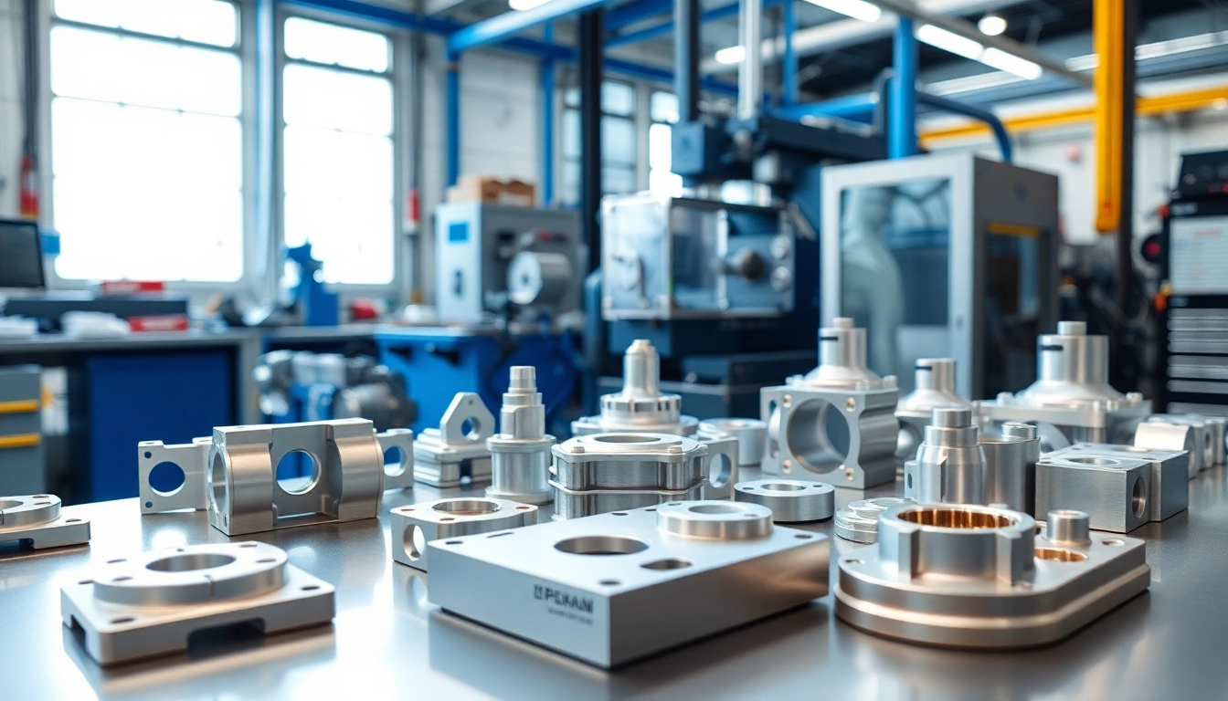 Showcase of aluminum prototypes in a precision machining workshop highlighting intricate details.