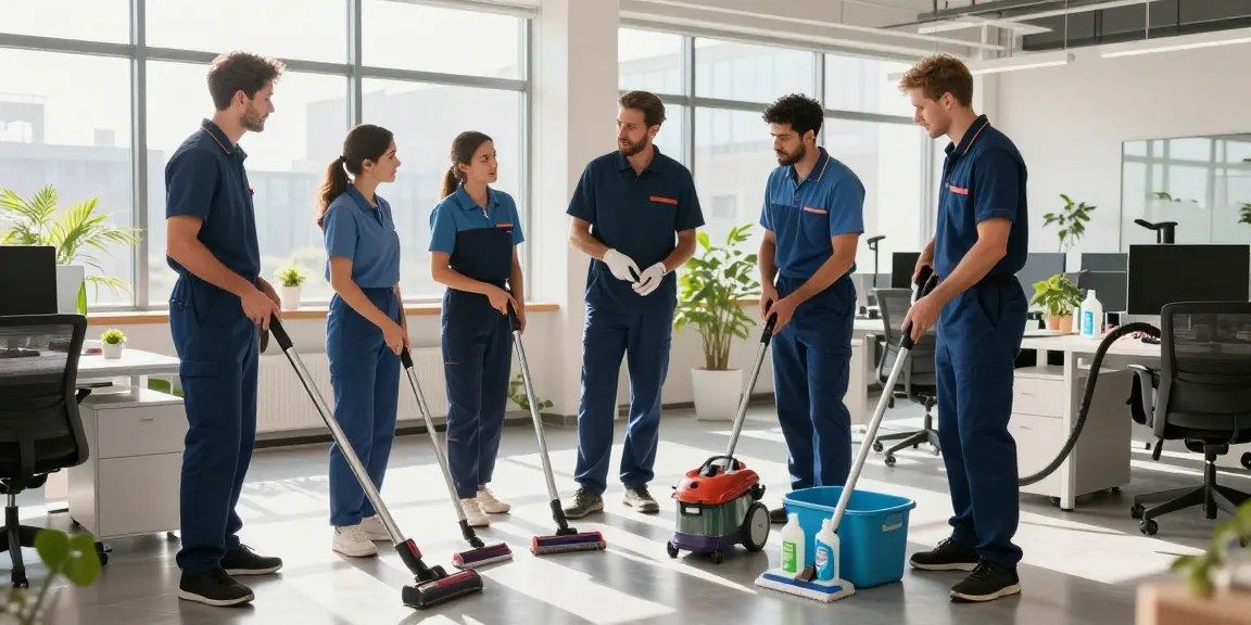 Professionelle Gebäudereinigung durch ein Team in einem modernen Büro mit hochwertigen Reinigungsmitteln