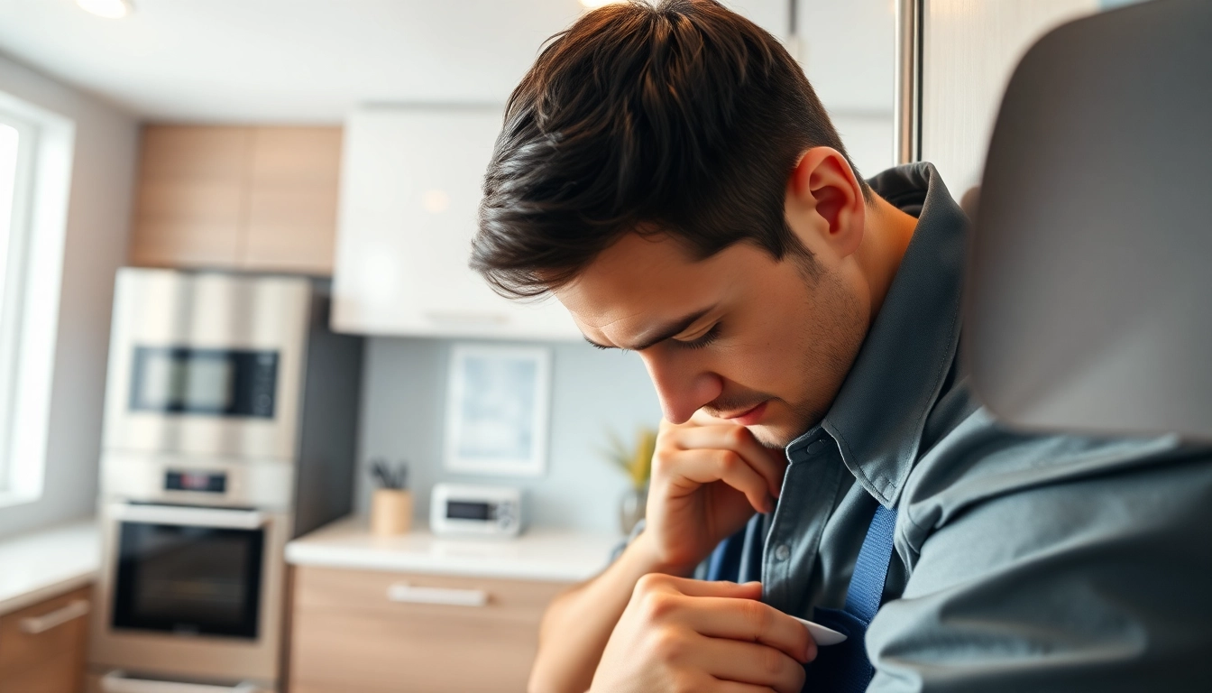 Technician providing refrigerator repair ottawa in a modern kitchen setting.