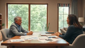 Engaging scene of retirement planning San Antonio with a financial advisor consulting clients in a welcoming office.