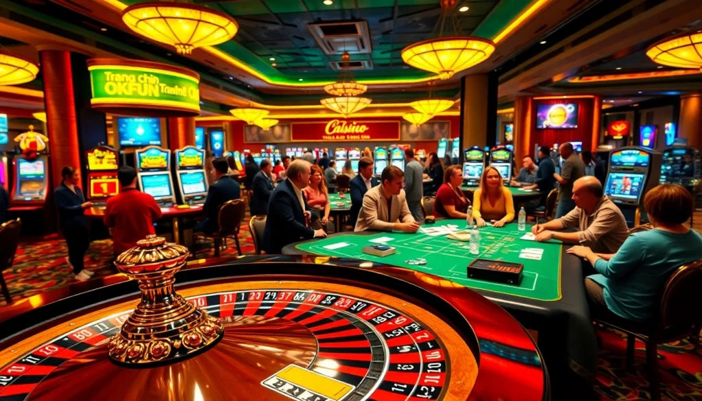 Experience the excitement on the casino floor at trang chủ okfun with diverse players around roulette and poker tables.