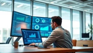IT technician actively monitoring Remote Monitoring and Management (RMM) networks on a laptop in a modern office.