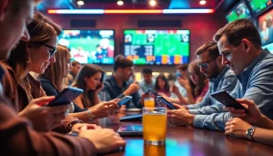 Engaged bettors exploring the best sports betting sites India on their devices in a vibrant sports bar.