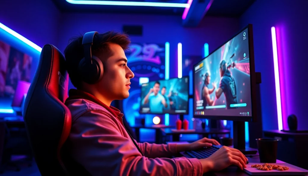 Engaging scene of a gamer immersed in the 79king gaming experience in a vibrant setup.