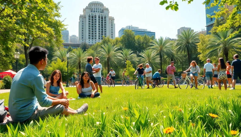 Engaging Activities & Attractions in a lively city park setting with diverse groups enjoying outdoor fun.