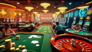 KJC AC 2 vibrant casino scene with tables, cards, dice, and players.