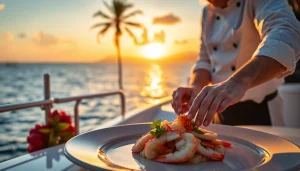 Sint Maarten private chef crafting a gourmet seafood dish on a luxury yacht.