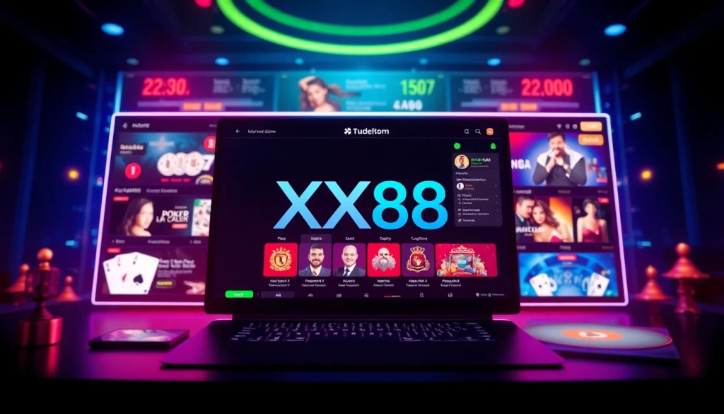 Experience the innovative online gaming world of XX88, showcasing a modern interface with vibrant neon elements.