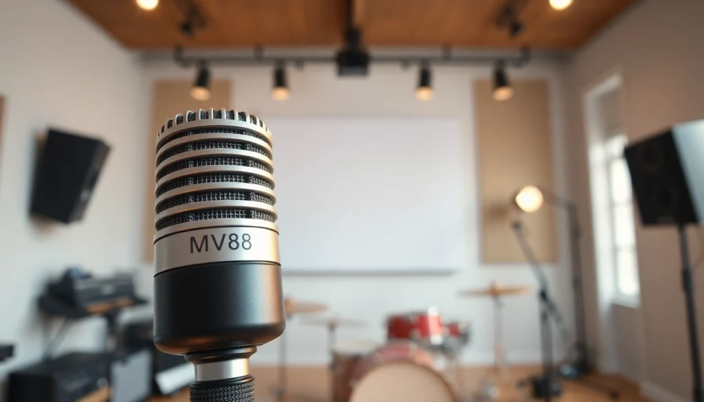 MV88 microphone showcased professionally in a studio, highlighting its sleek design.