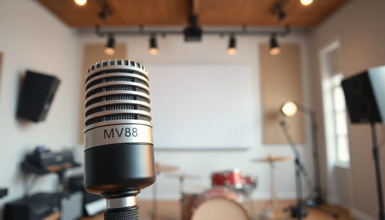 MV88 microphone showcased professionally in a studio, highlighting its sleek design.