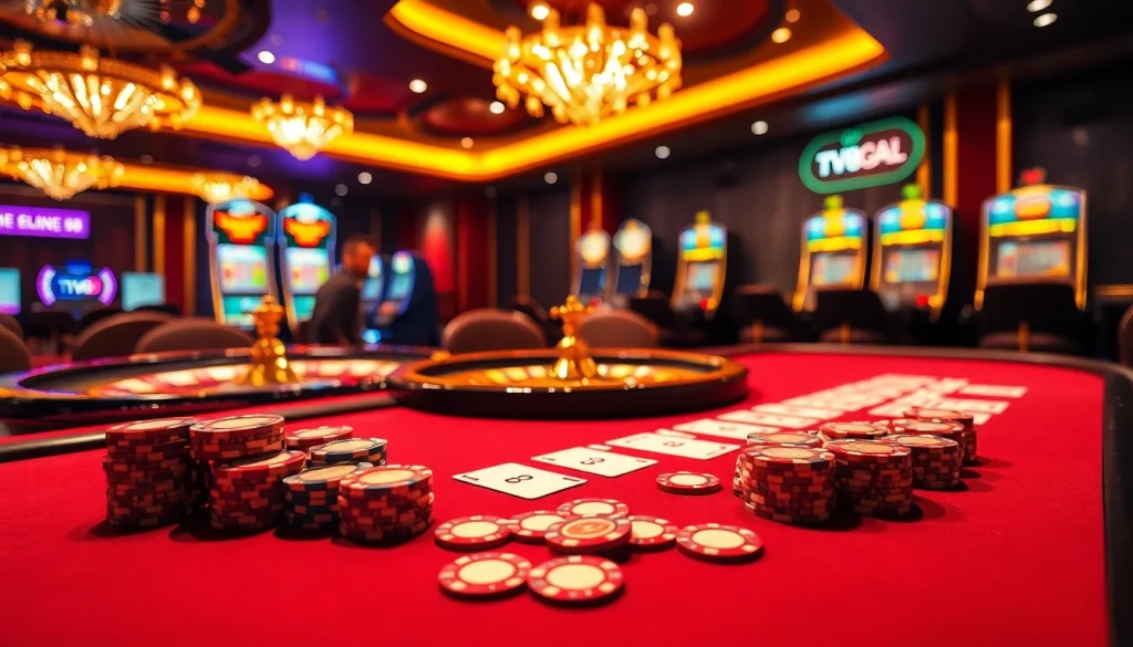 Experience the excitement of games at TV88's vibrant casino scene filled with poker chips and roulette.
