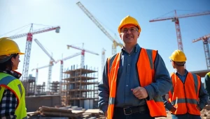 New Jersey Construction Manager supervising a construction site with cranes and team collaboration.