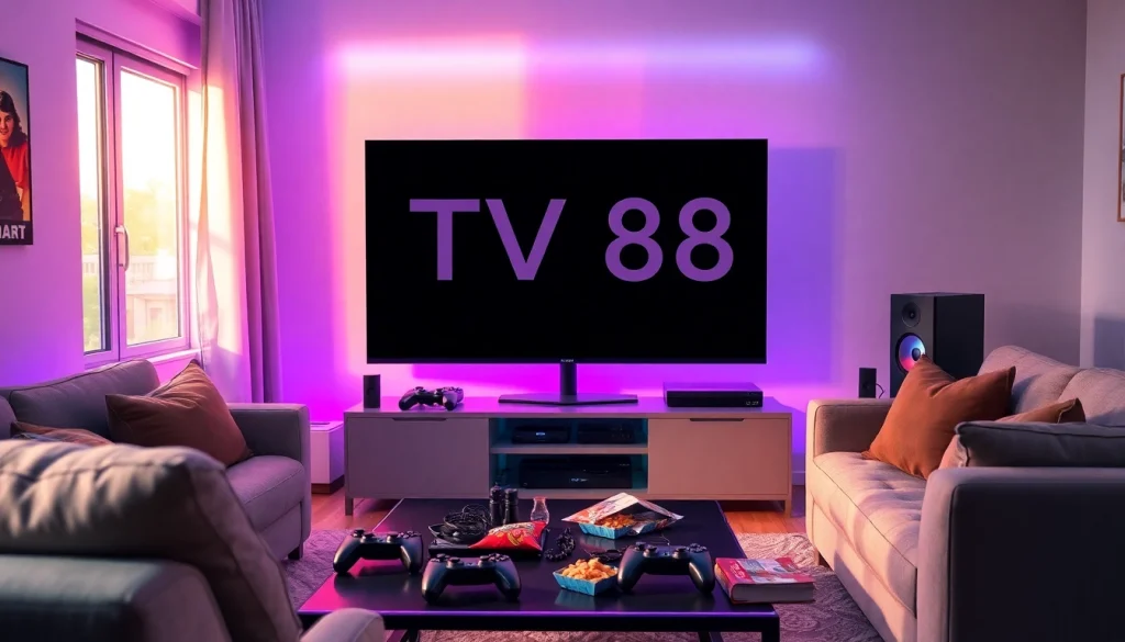 Showcase of a gaming setup featuring TV88 in a cozy, modern living room.