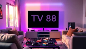 Showcase of a gaming setup featuring TV88 in a cozy, modern living room.