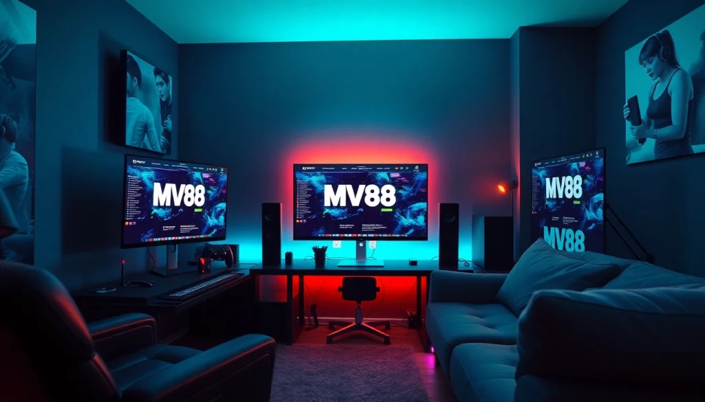 MV88 gaming platform showcasing a modern home office with vibrant tech elements.