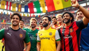Cheerful fans wearing discount football shirts celebrate at a vibrant stadium.