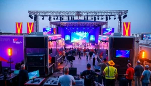 Showcasing mobile production services in action with a vibrant outdoor setup and HD production trucks.
