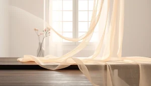 Mousseline stof toont elegante textuur en zachte uitstraling in een fijne opstelling.