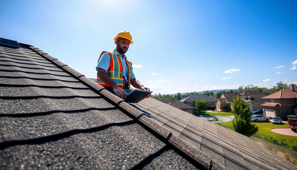 Inspect a rooftop showcasing high-quality roofing solutions with a technician in safety gear.
