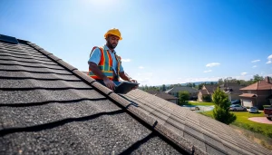 Inspect a rooftop showcasing high-quality roofing solutions with a technician in safety gear.
