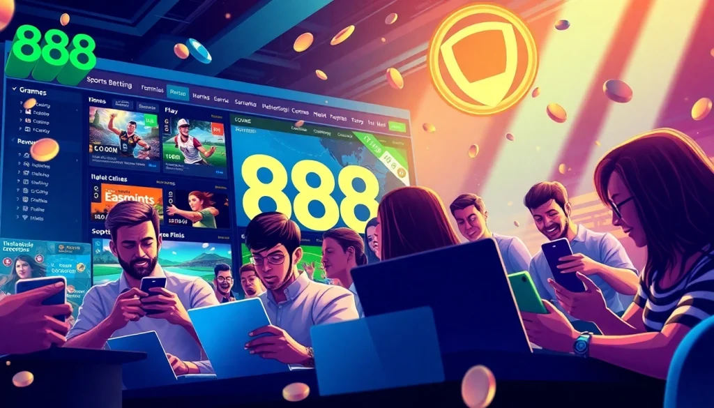 Exciting 888new online gambling scene with diverse players enjoying trust and entertainment in a vibrant setting.