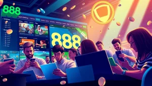 Exciting 888new online gambling scene with diverse players enjoying trust and entertainment in a vibrant setting.