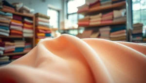 Katoen stof met rijke textuur en kleuren in een stoffenwinkel.