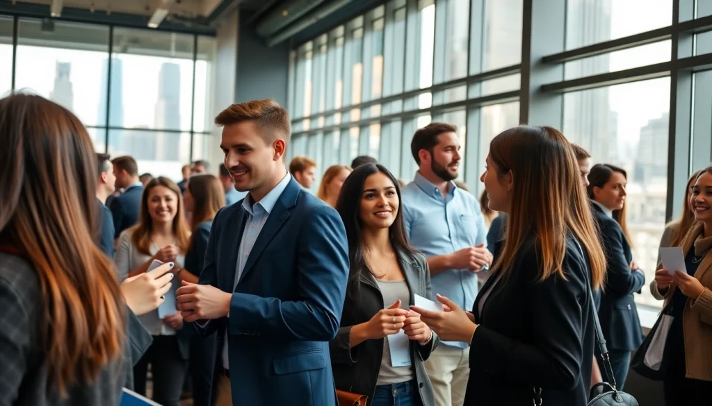 Showcase of Chicago jobs through a networking event with diverse candidates engaged professionally.