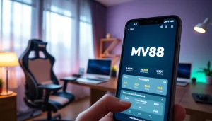MV88 online gambling interface on smartphone in a modern home office.